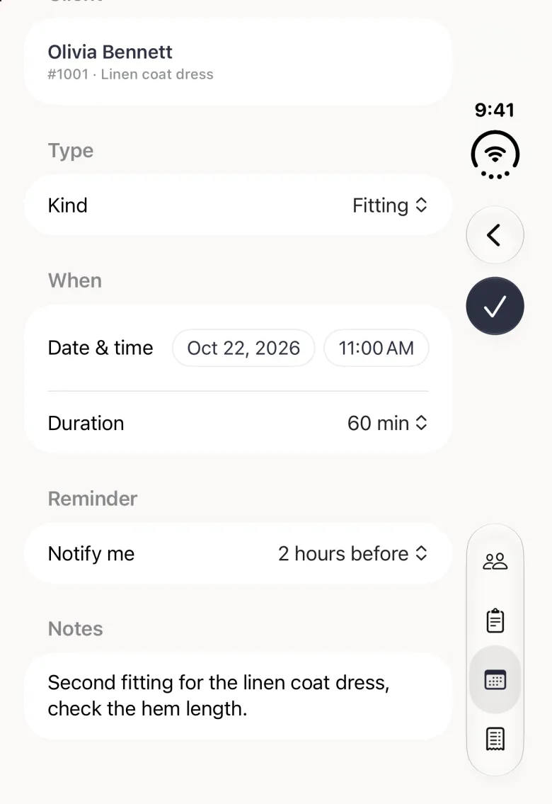Completed New Appointment form on the closed iPhone Duo, scrolled so the Client card for Olivia Bennett, order 1001, Linen coat dress sits at the top: Kind Fitting, Date & time chips reading Oct 22, 2026 and 11:00 AM, Duration 60 min, Notify me 2 hours before, and a note reading Second fitting for the linen coat dress, check the hem length. A back button and a round checkmark button sit in the vertical bar strip on the right edge.
