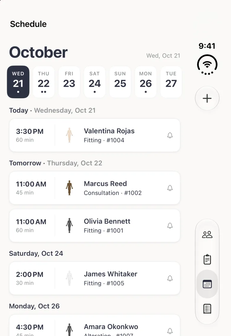 Schedule screen on the closed iPhone Duo with a new sixty minute fitting for Olivia Bennett on order 1001 at 11:00 AM listed under the Tomorrow heading below Marcus Reed's consultation, led by her charcoal body figure and ending with a small bell; Thursday 22 in the day strip now shows two dots. The plus button and the tab buttons sit in the vertical bar strip on the right edge.