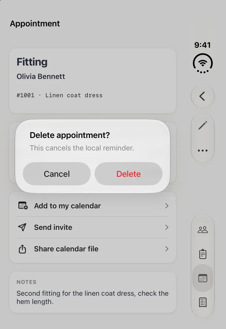 Alert over the dimmed Appointment page on the closed iPhone Duo reading Delete appointment? with the line This cancels the local reminder, and Cancel and Delete buttons, Delete in red; the back, pencil and three-dot buttons stay in the vertical bar strip on the right edge.