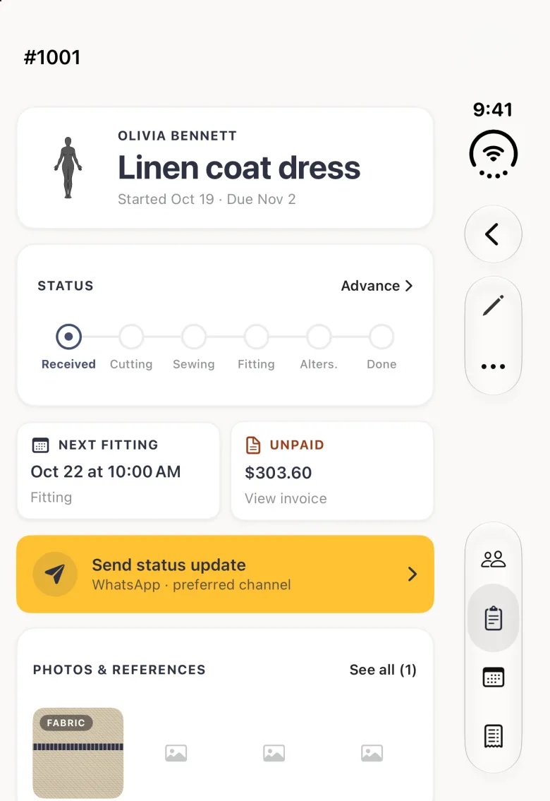 Order page for order 1001 on the closed iPhone Duo with the Next Fitting card reading Oct 22 at 10:00 AM over Fitting, beside the Unpaid card showing $303.60, and the gold Send status update bar reading WhatsApp, preferred channel; the back, pencil and three-dot buttons sit in the vertical bar strip on the right edge.