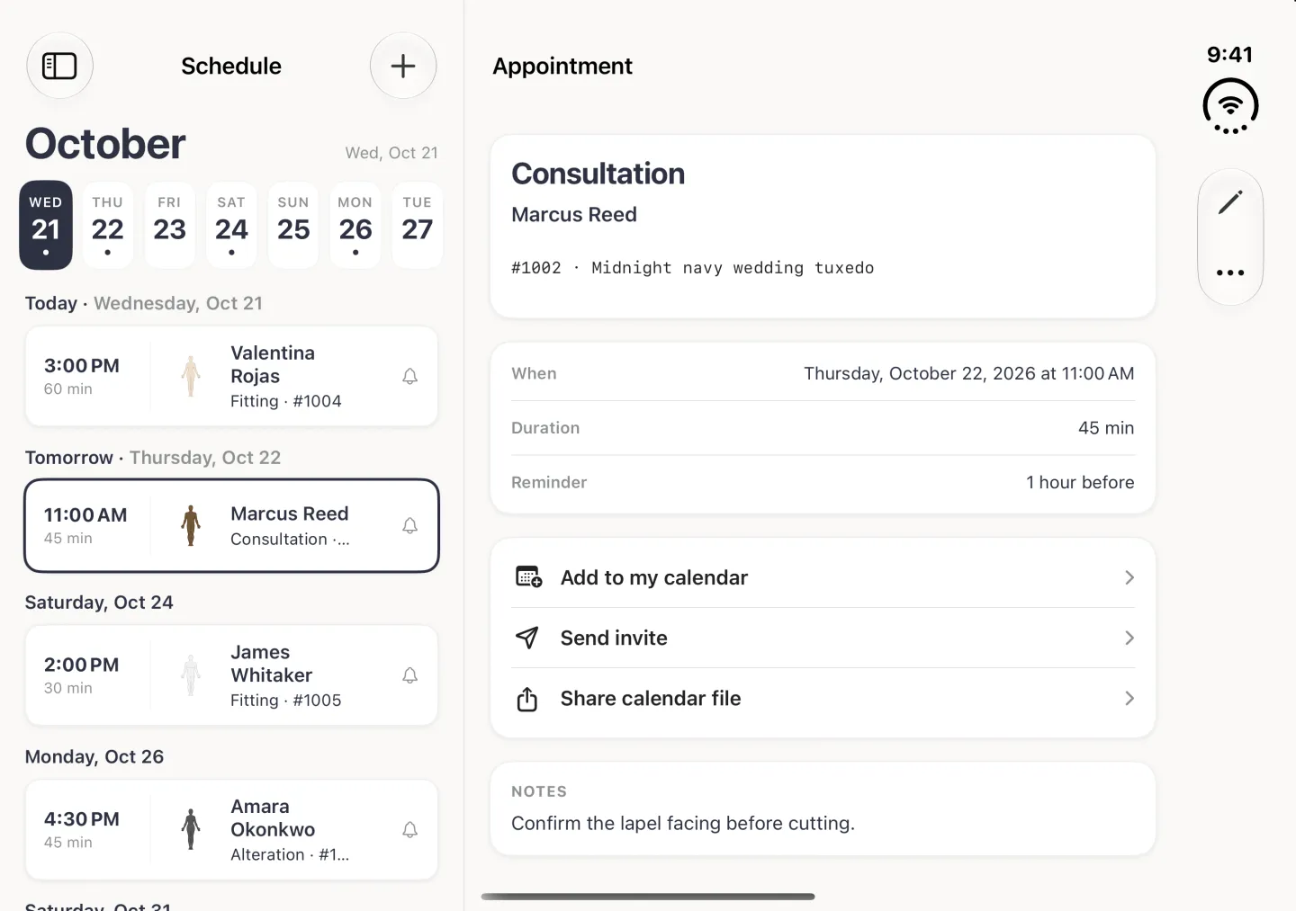 Appointment page in the pane beside the Schedule column in landscape, with Marcus Reed's row outlined in the list and a pencil and a three-dot button in the vertical bar strip on the right edge. A card reads Consultation, Marcus Reed, and #1002, Midnight navy wedding tuxedo. Below it, When reads Thursday, October 22, 2026 at 11:00 AM, Duration 45 min and Reminder 1 hour before. A card of three rows reads Add to my calendar, Send invite and Share calendar file, and a Notes card reads Confirm the lapel facing before cutting.