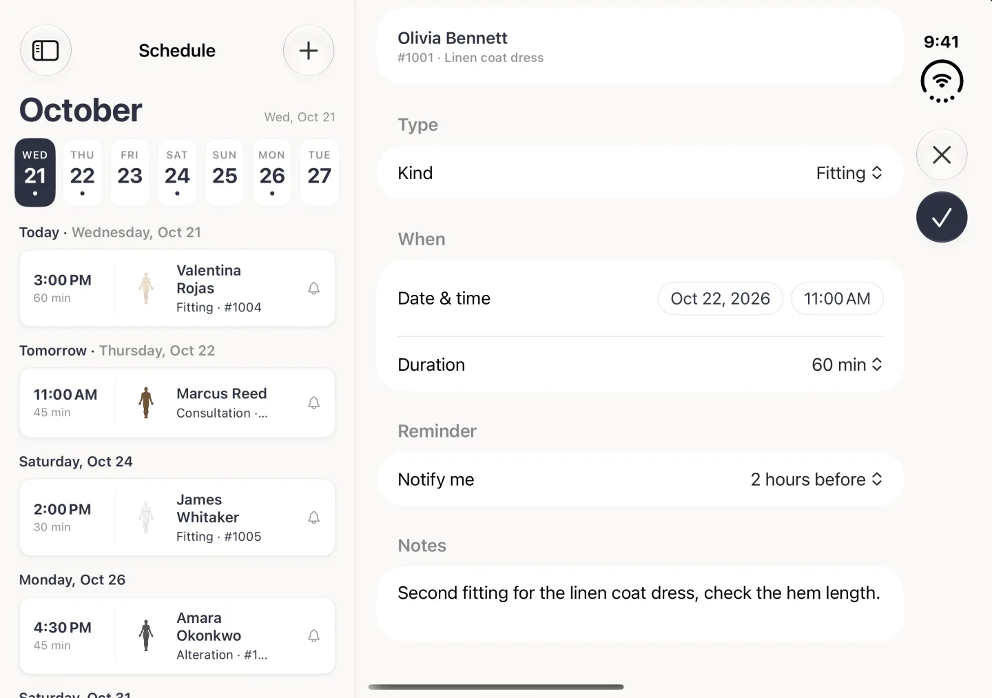 Completed New Appointment form in the pane beside the Schedule column in landscape for Olivia Bennett, #1001, Linen coat dress: Kind Fitting, Date and time chips reading Oct 22, 2026 and 11:00 AM, Duration 60 min, Notify me 2 hours before, and a note reading Second fitting for the linen coat dress, check the hem length. The close and round checkmark buttons sit in the vertical bar strip on the right edge.