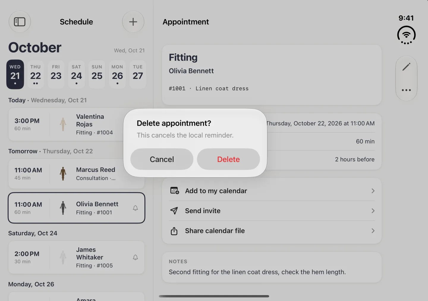 Alert centred over the dimmed Schedule split view in landscape reading Delete appointment? with the line This cancels the local reminder, and Cancel and Delete buttons, Delete in red; behind it Olivia Bennett's fitting is open beside the Schedule list.