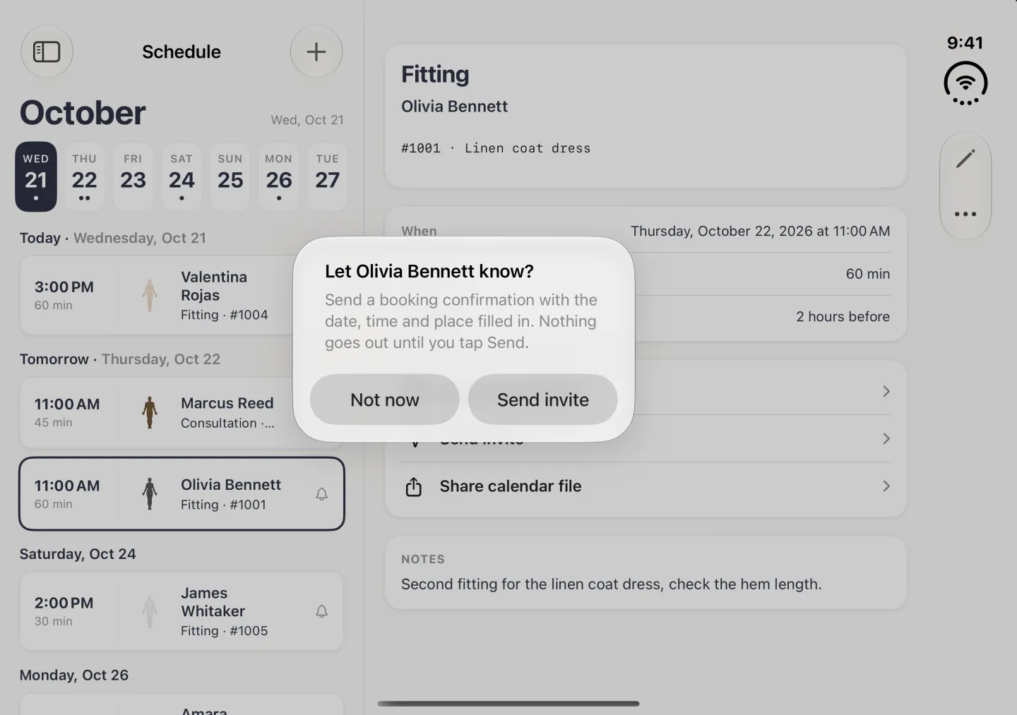 Alert in landscape over the new Appointment page and the Schedule column reading Let Olivia Bennett know? with the line Send a booking confirmation with the date, time and place filled in. Nothing goes out until you tap Send, and two buttons, Not now and Send invite. Behind it the page shows Fitting, Olivia Bennett, #1001, Linen coat dress and the When, Duration and Reminder card, and the new 11:00 AM sixty minute fitting is already outlined under Tomorrow in the list.