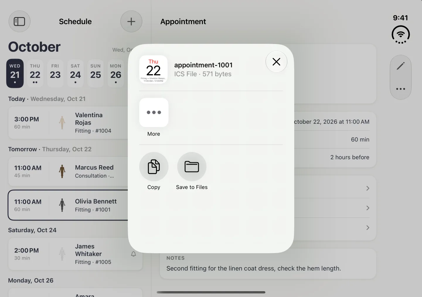 System share card centred over the dimmed Schedule split view in landscape, headed appointment-1001, ICS File, 571 bytes, with a small calendar page preview reading Thu 22, a close button at the top right, a More button, and Copy and Save to Files underneath.