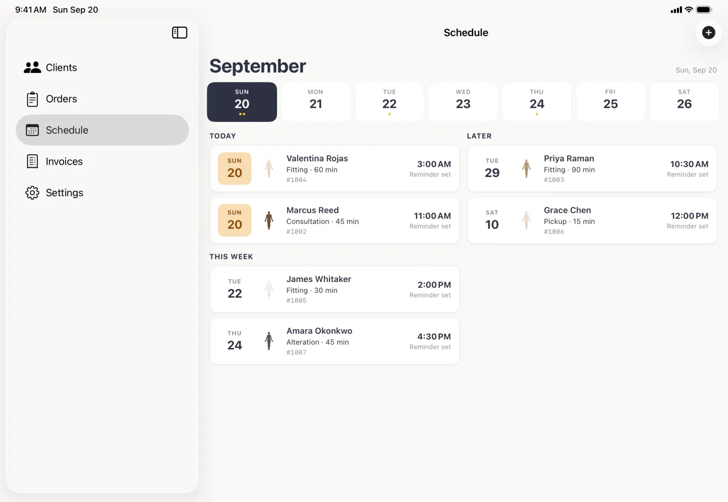 Schedule pane in landscape beside a sidebar listing Clients, Orders, Schedule, Invoices and Settings, headed September, with seven day pills from Sunday 20 to Saturday 26 and Sunday 20 filled dark for today, above appointments dealt into two columns, Today and This Week on the left and Later on the right.