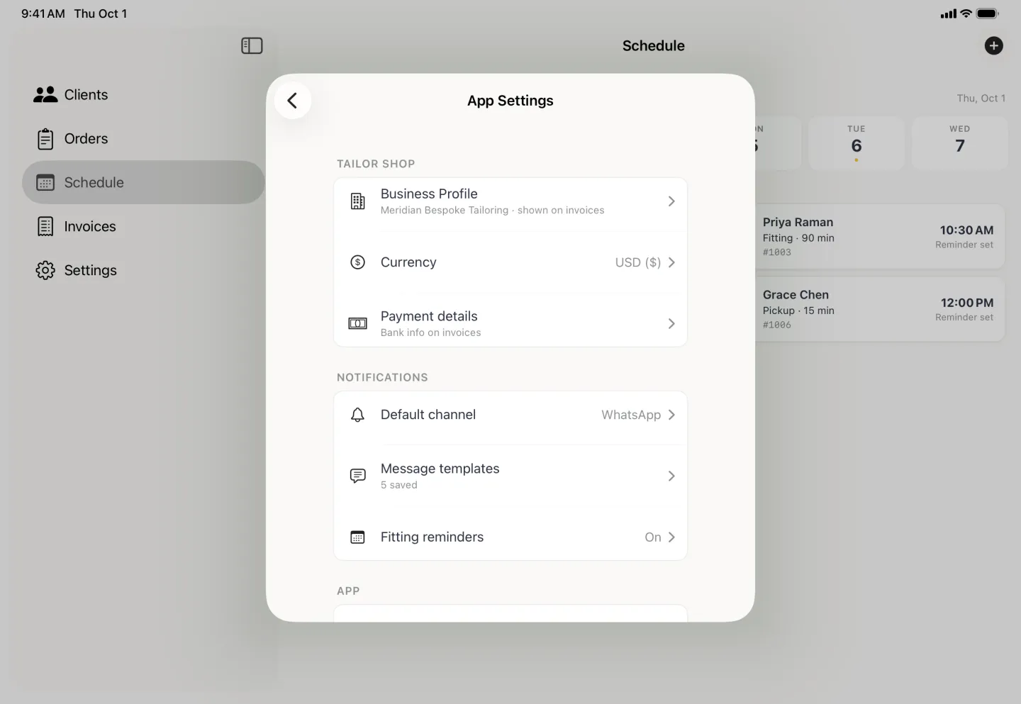 App Settings card centred over the dimmed content and sidebar, with a Notifications group listing Default channel set to WhatsApp, Message templates showing five saved, and Fitting reminders switched on, below a Tailor Shop group naming Meridian Bespoke Tailoring.
