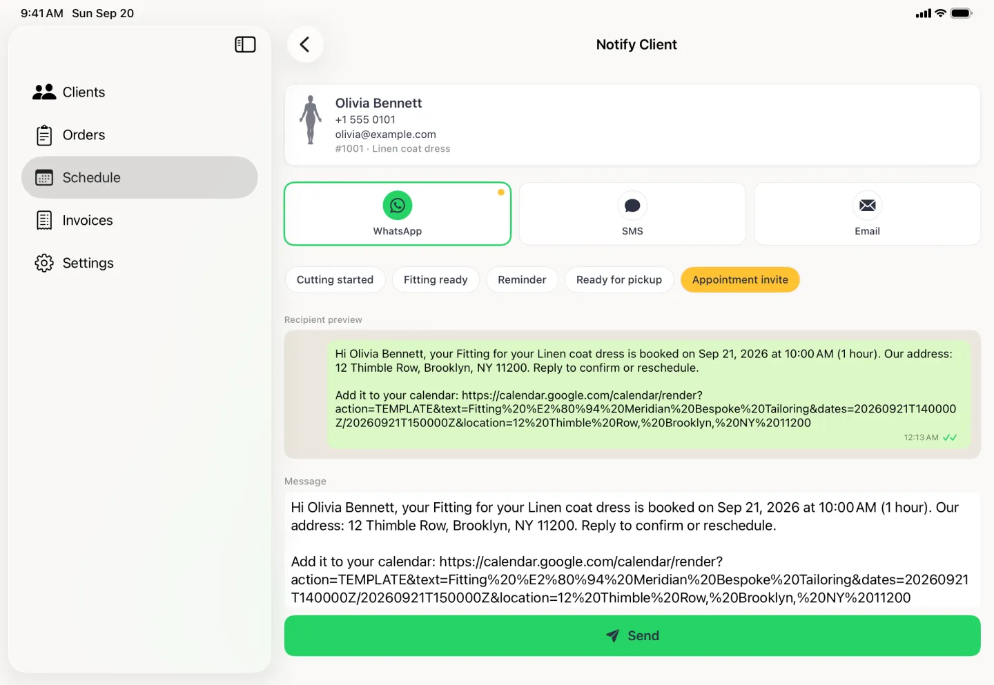 Notify Client form filling the pane beside the sidebar, for Olivia Bennett on order 1001 with WhatsApp selected and marked as her preferred channel by a gold dot, the Appointment invite chip highlighted in gold at the end of a row of five template chips, and a preview naming the fitting, the Linen coat dress, Sep 21, 2026 at 10:00 AM, one hour, the address 12 Thimble Row, Brooklyn, NY 11200, and a calendar link. A green Send button is pinned across the foot of the pane.