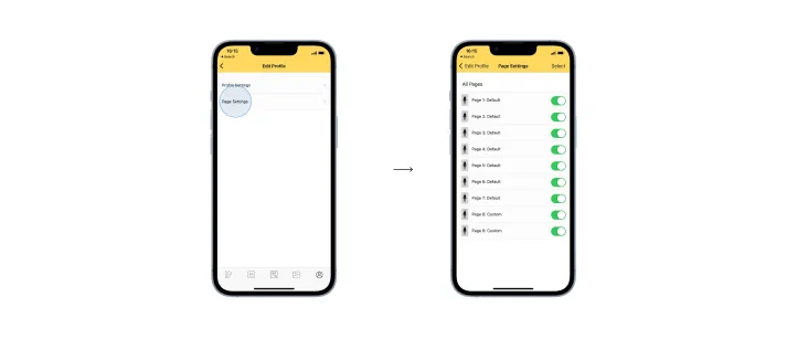 Page settings screen with toggles for each avatar measurement page.