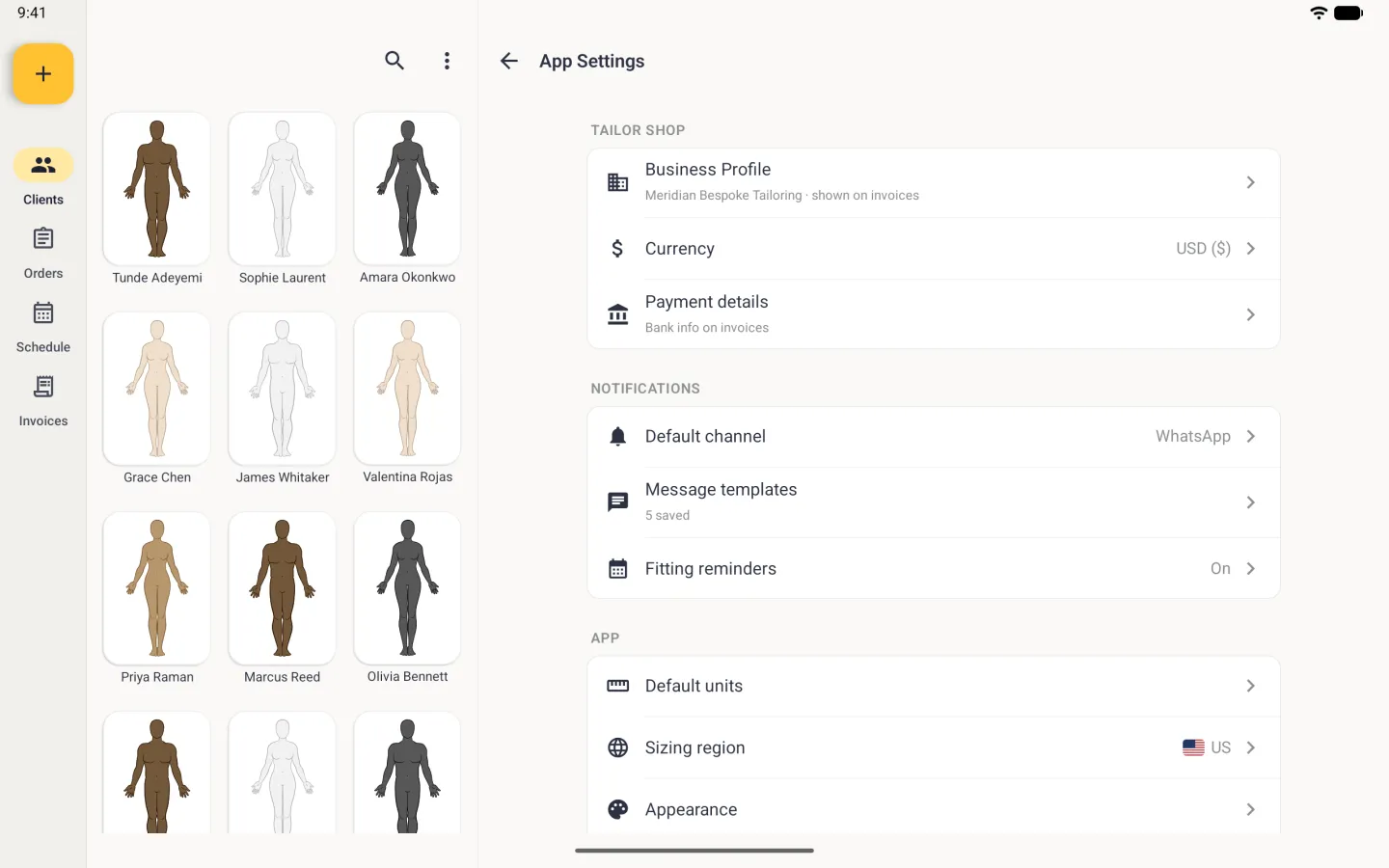 App Settings in the right-hand pane beside the client grid and the navigation rail, with a Tailor Shop group listing Business Profile for Meridian Bespoke Tailoring, Currency set to USD and Payment details, a Notifications group with Default channel WhatsApp, Message templates and Fitting reminders On, and an App group starting with Default units.