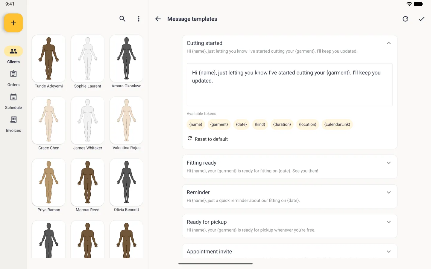 Cutting started template expanded in the right-hand pane with an editable text box, token chips reading name, garment, date, kind, duration, location and calendarLink, and a Reset to default link.
