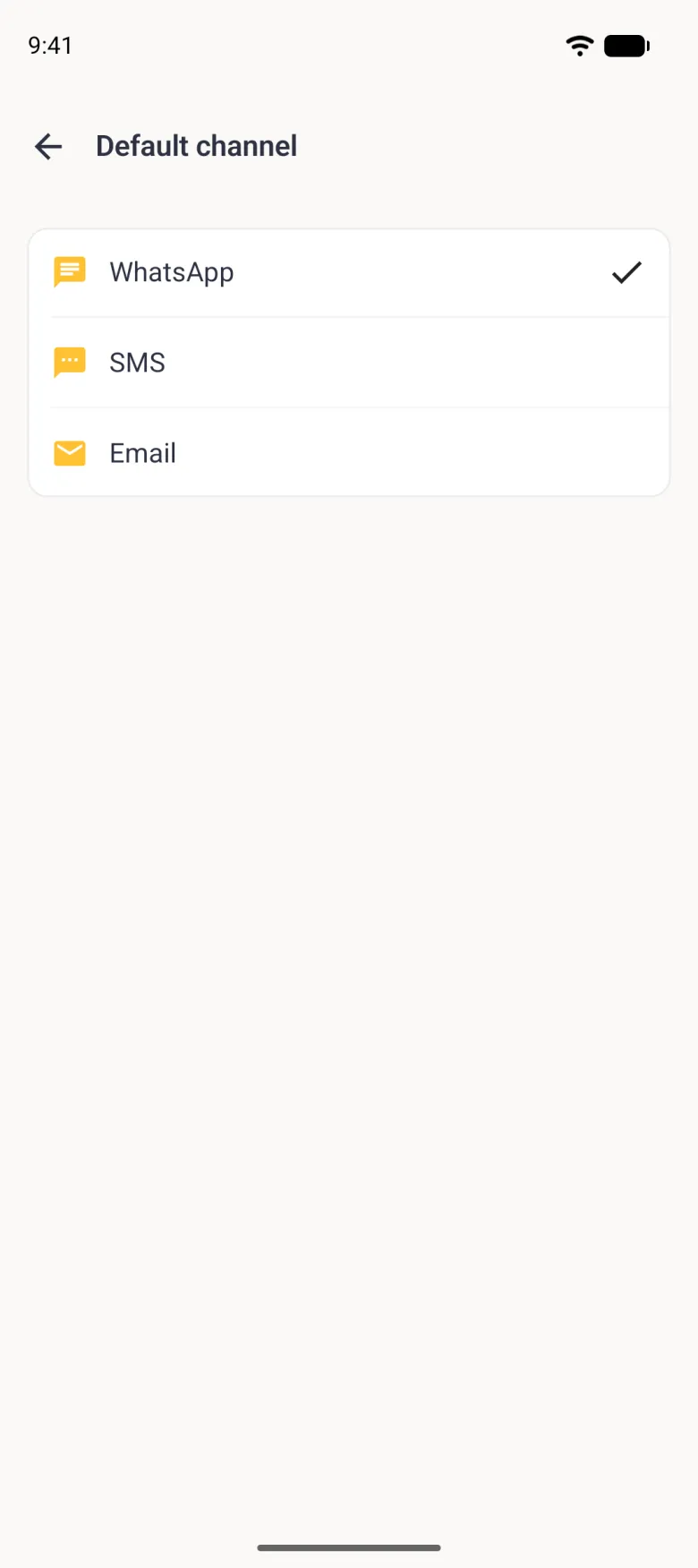 Default channel screen listing WhatsApp with a tick, SMS and Email, each with a gold icon.