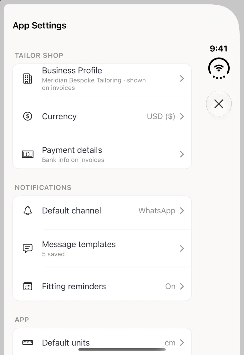 App Settings sheet on the closed Duo with the title at the top left and a close button in the vertical bar strip on the right: a TAILOR SHOP card with Business Profile (Meridian Bespoke Tailoring, shown on invoices), Currency USD ($) and Payment details (Bank info on invoices), a NOTIFICATIONS card with Default channel WhatsApp, Message templates (5 saved) and Fitting reminders On, and the start of the APP card with Default units cm.
