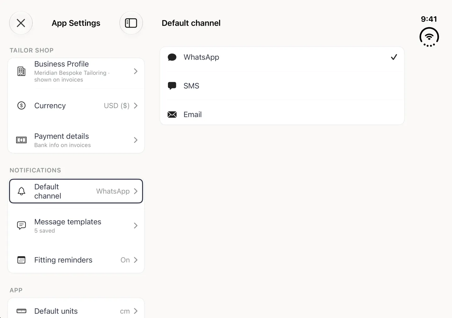 App Settings split view in landscape with Default channel (WhatsApp) selected on the left and the Default channel page on the right: a white card listing WhatsApp with a tick, SMS and Email, each with its icon.