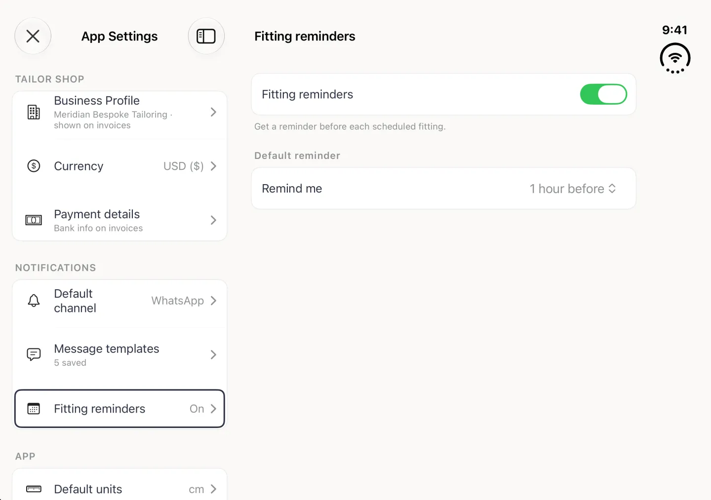 App Settings split view in landscape with Fitting reminders (On) selected on the left and the Fitting reminders page on the right: the Fitting reminders switch on in green with the note Get a reminder before each scheduled fitting, and Remind me set to 1 hour before under Default reminder.