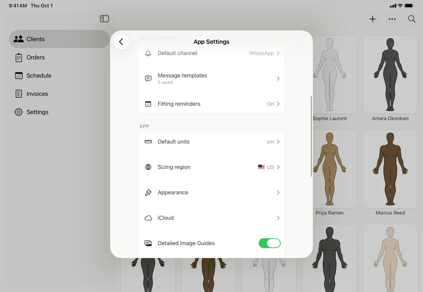 App Settings card centred over the dimmed client grid beside the sidebar, with a Tailor Shop group listing Business Profile for Meridian Bespoke Tailoring, Currency set to USD and Payment details, a Notifications group listing Default channel WhatsApp, Message templates 4 saved and Fitting reminders On, and the App heading below them.