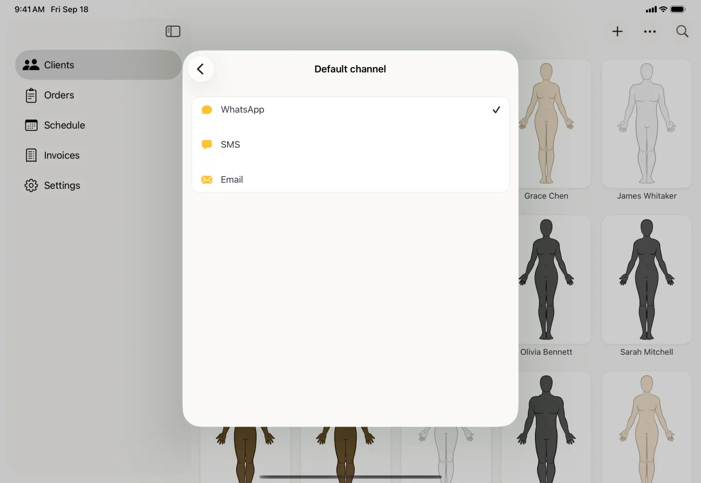 Default channel card over the dimmed client grid and its sidebar, listing WhatsApp with a tick, SMS and Email.