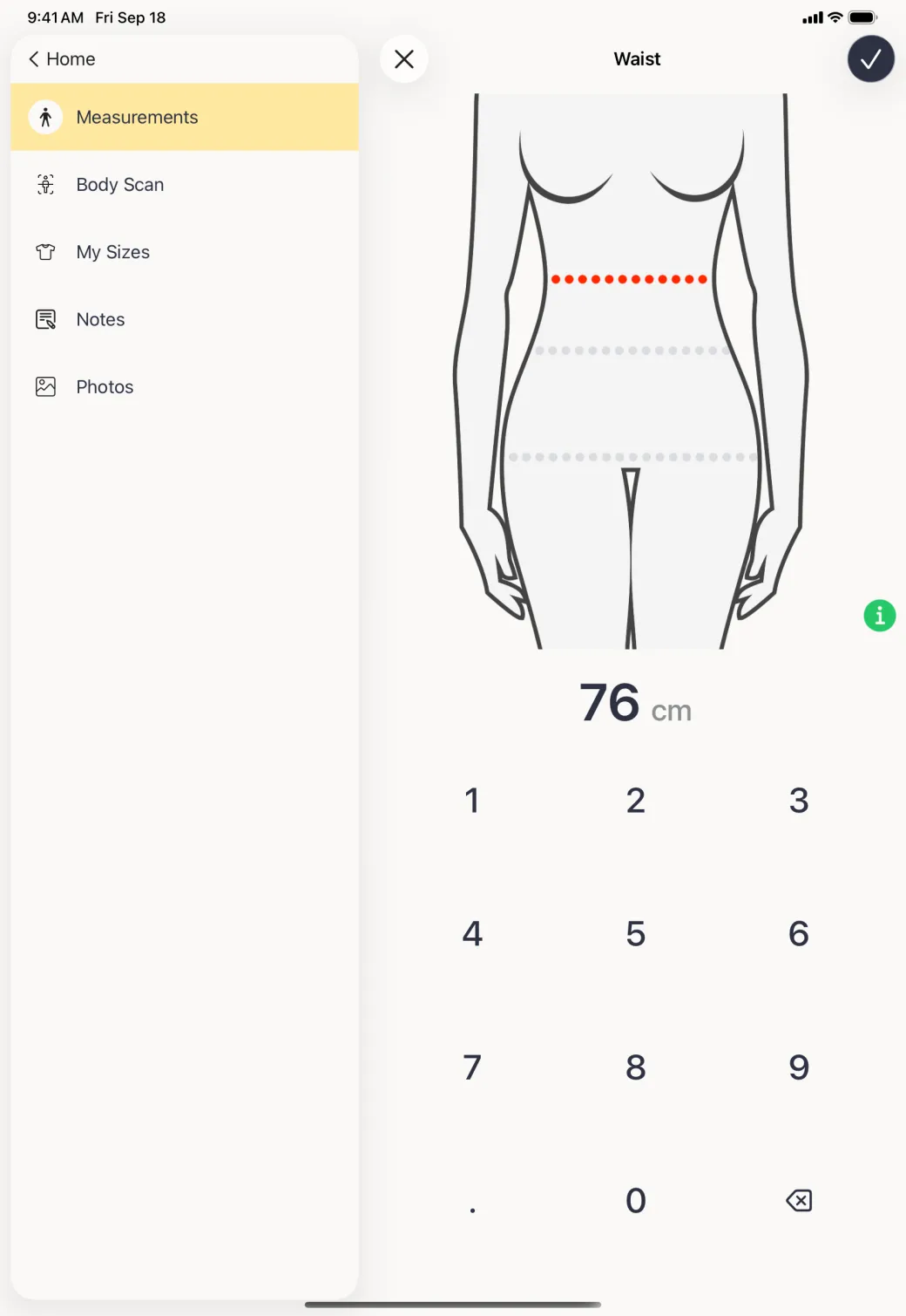 A Waist entry screen filling the pane beside the profile sidebar, with a plain grey line drawing of a torso, a red dotted line across the waist, and the value 76 cm above the number pad.