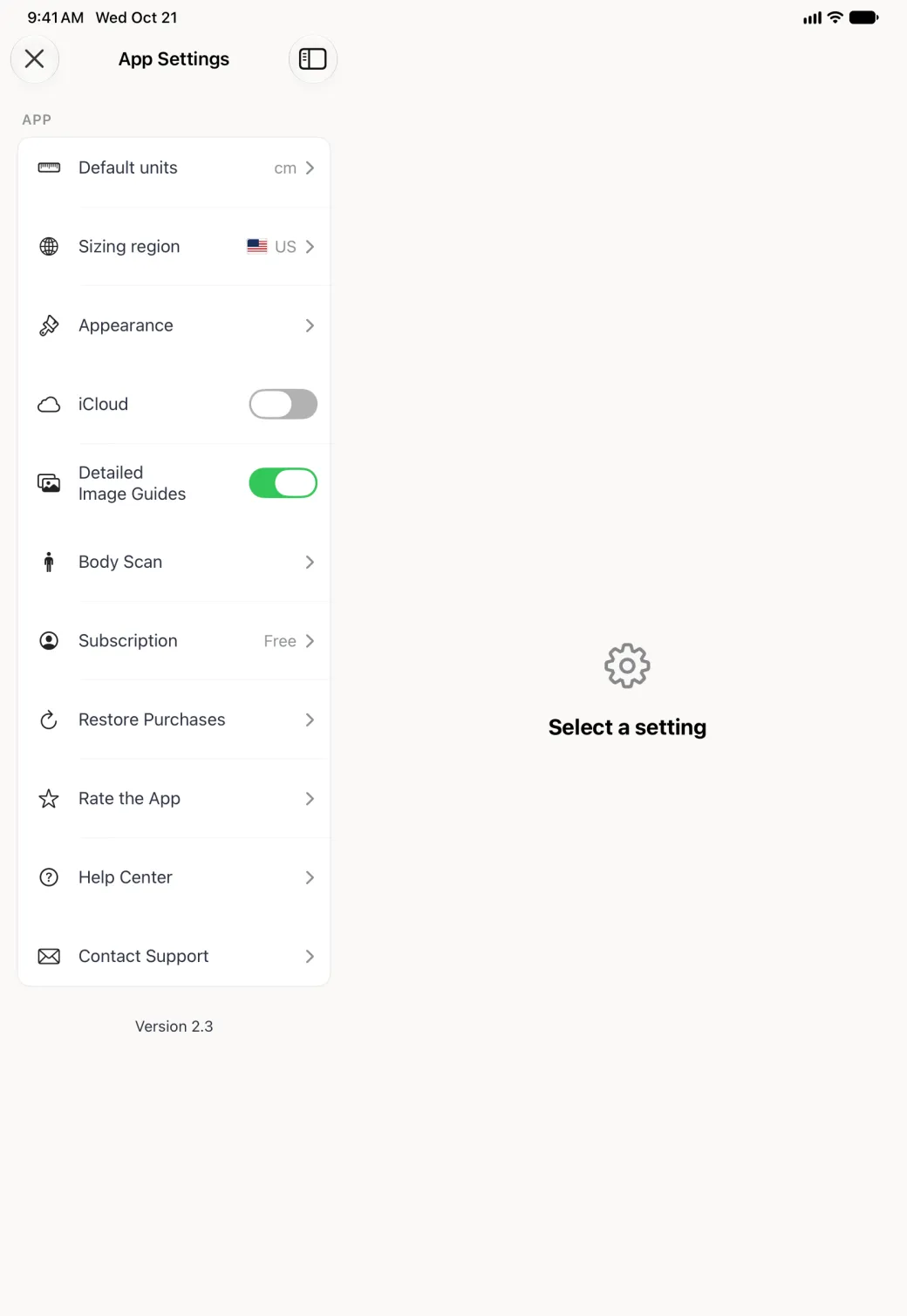 App Settings filling the iPad in portrait as a split view: on the left a close button, the title App Settings, a sidebar button and an APP card listing Default units cm, Sizing region with a US flag and US, Appearance, an iCloud switch turned off, Detailed Image Guides switched on in green, Body Scan, Subscription Free, Restore Purchases, Rate the App, Help Center and Contact Support above Version 2.3; on the right a gear icon and Select a setting until a row is chosen.