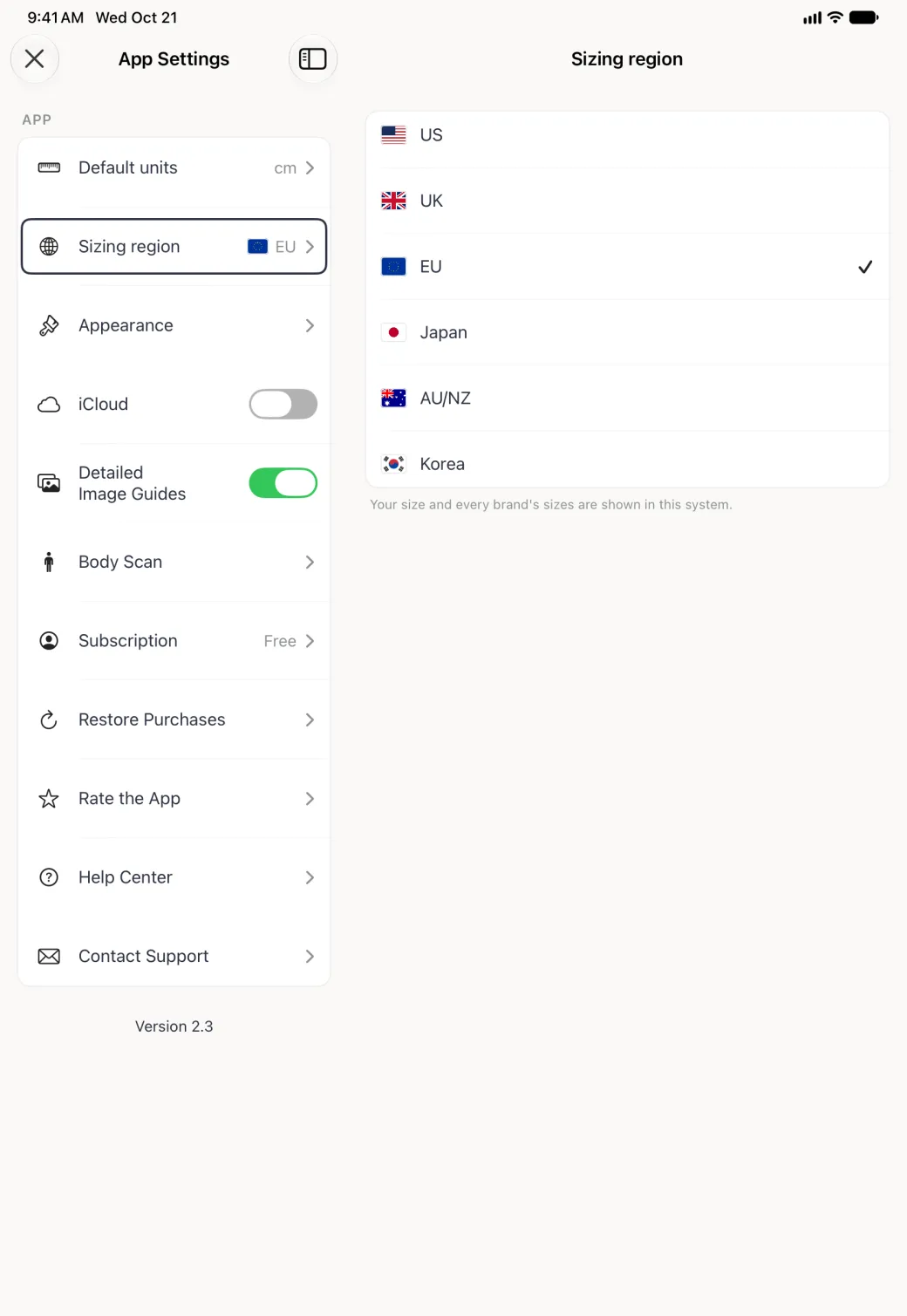 App Settings split view in portrait with the Sizing region row outlined on the left, now showing an EU flag and EU, and the Sizing region page on the right: a white card with six rows, US, UK, EU, Japan, AU/NZ and Korea, each with its flag, EU ticked, above the note Your size and every brand's sizes are shown in this system.