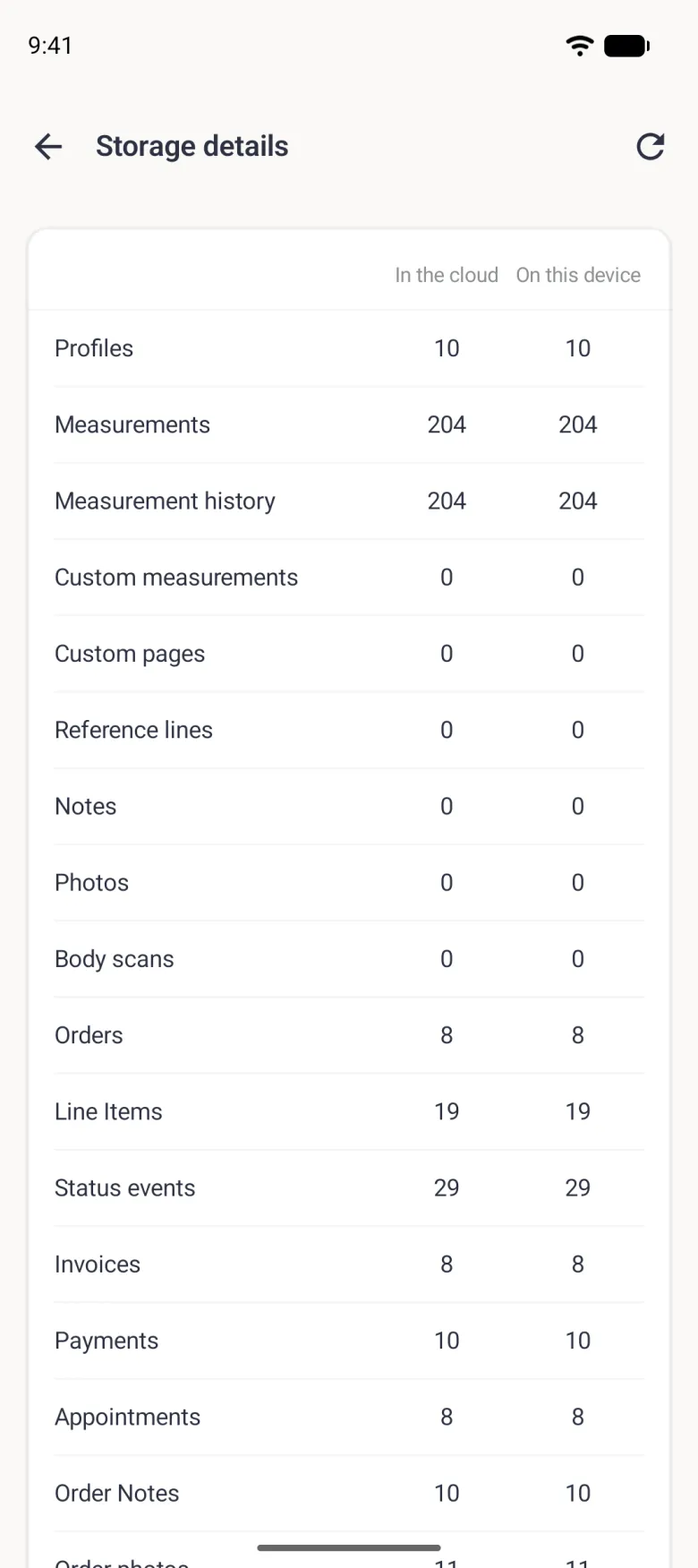 Storage details table with In the cloud and On this device columns that match row for row: 10 profiles, 204 measurements, 204 measurement history entries, then custom measurements, custom pages, reference lines, notes, photos and body scans at 0, and 8 orders, 19 line items, 29 status events, 8 invoices, 10 payments, 8 appointments and 10 order notes.