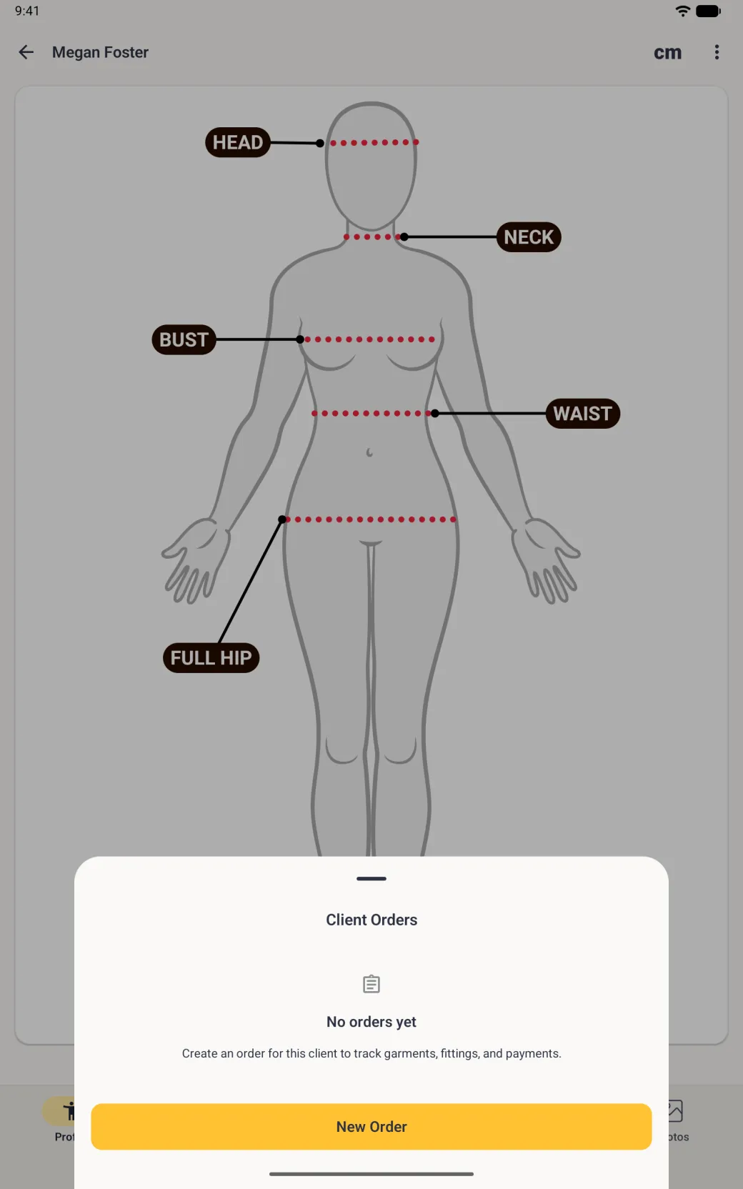 Megan Foster's body view on a tablet in portrait, dimmed behind a bottom sheet titled Client Orders with a drag handle, a clipboard icon, the words No orders yet, a line inviting you to create an order to track garments, fittings and payments, and a wide gold New Order button.