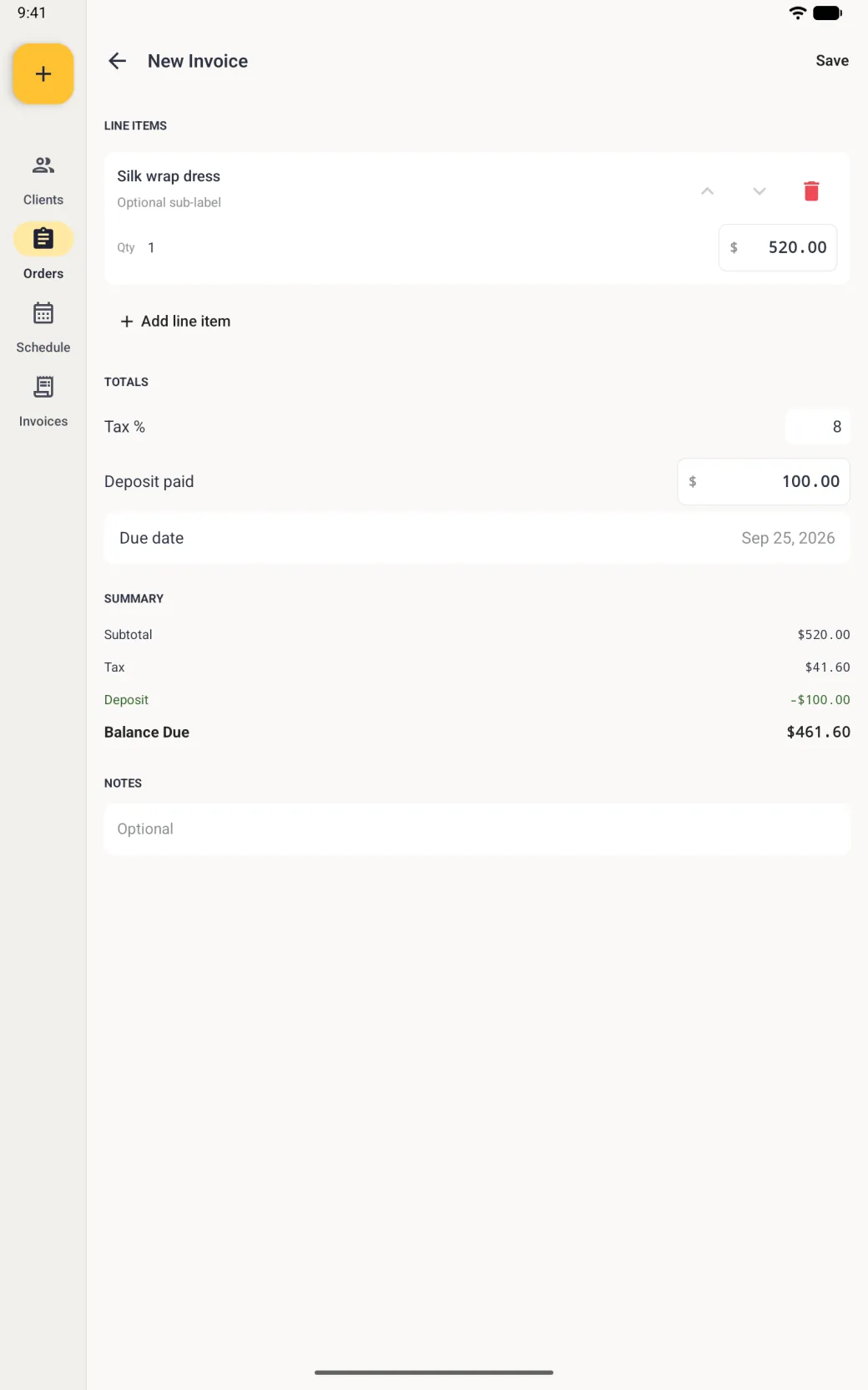 New Invoice screen on a tablet in portrait beside the navigation rail, with a line item card reading Silk wrap dress, quantity 1 at 520 dollars, with up and down arrows and a red delete button, an Add line item link, Tax percent 8, Deposit paid 100, Due date today, and a summary showing subtotal 520, tax 41.60, deposit minus 100 in green and Balance Due 461.60.