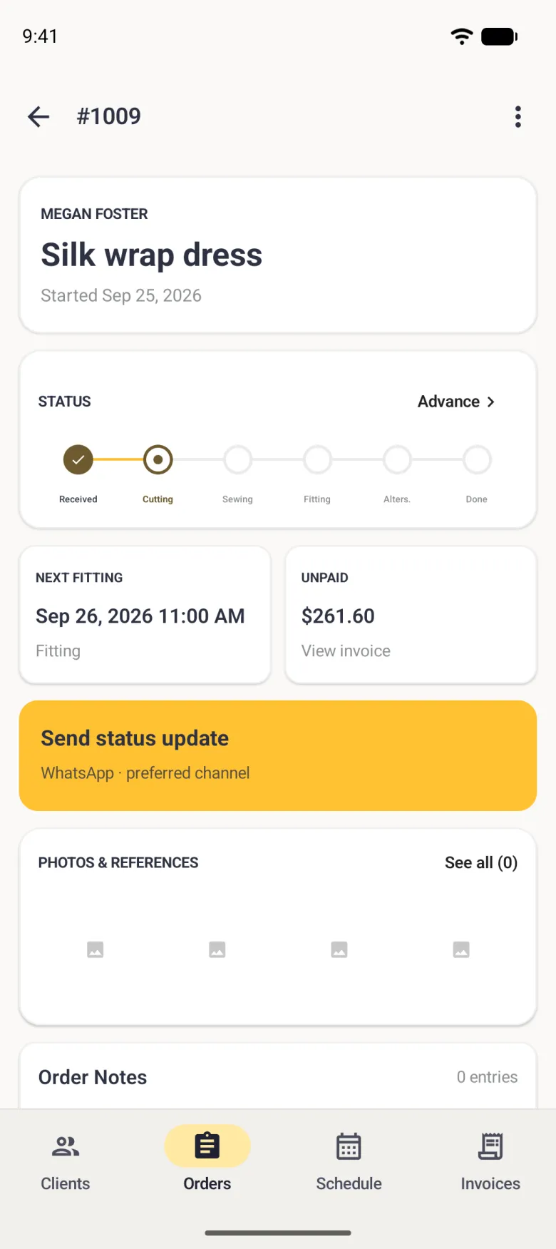Order 1009 detail with the Next fitting card now reading Sep 26, 2026 11:00 AM above the word Fitting, the status track showing Received ticked and Cutting active, the UNPAID card showing 261.60 dollars with View invoice, and the gold Send status update card below.
