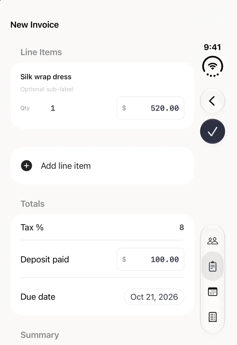 New Invoice form on the closed iPhone Duo with a back chevron and a navy round check stacked in the vertical bar strip on the right edge and the Orders tab highlighted lower down, a line item reading Silk wrap dress with quantity 1 at 520.00 dollars, an Add line item row, and a Totals card with Tax percent 8, Deposit paid 100.00 and a Due date of Oct 21, 2026, with the Summary heading at the bottom edge.