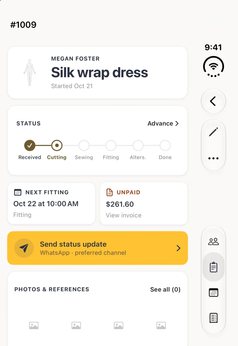 Order 1009 detail on the closed iPhone Duo with the Next fitting card now reading Oct 22 at 10:00 AM above the word Fitting, the UNPAID card showing 261.60 dollars with View invoice, and the status track showing Received ticked and Cutting active; the back, pencil and three-dot buttons and the four tab buttons sit in the vertical bar strip on the right edge.