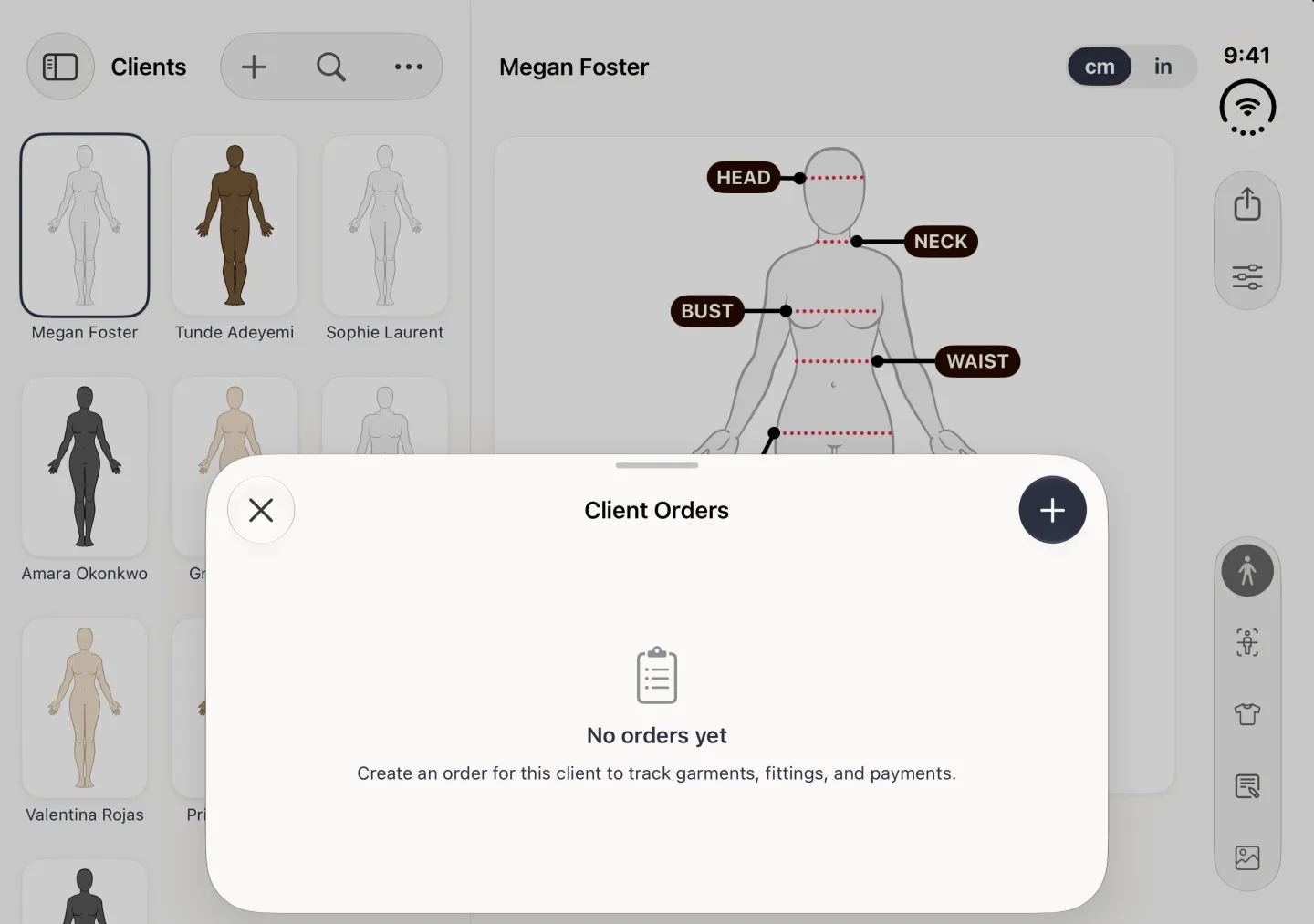 Megan Foster's profile in landscape, her name and cm and in switch at the top and her white-toned avatar beside the Clients grid with her card outlined, dimmed behind a sheet titled Client Orders rising from the bottom, with a round X at the top left and a navy round plus button at the top right, a clipboard icon, No orders yet, and the line Create an order for this client to track garments, fittings, and payments.
