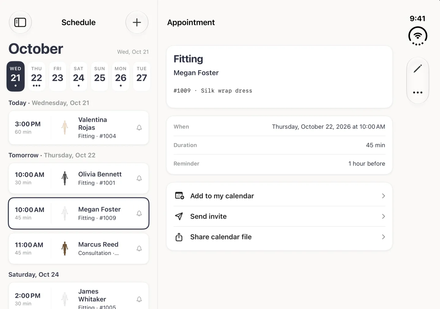 Schedule in landscape as a split view: on the left the October heading, a week strip with today, Wednesday 21, highlighted in navy and three dots under Thursday 22, and appointments grouped by day, with Megan Foster at 10:00 AM, 45 min, Fitting, #1009, outlined under the heading Tomorrow, Thursday, Oct 22, between Olivia Bennett's 10:00 AM fitting and Marcus Reed's 11:00 AM consultation, each with a bell on the right of the row; on the right her appointment is open with When Thursday, October 22, 2026 at 10:00 AM, Duration 45 min, Reminder 1 hour before and the Add to my calendar, Send invite and Share calendar file rows.