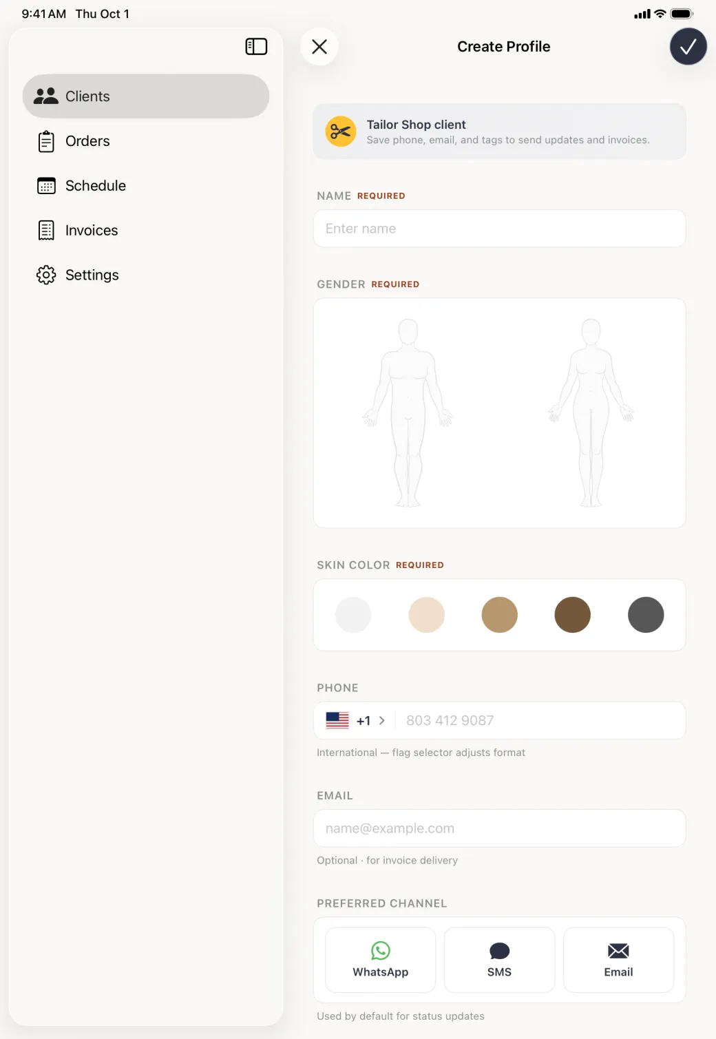 Create Profile form filling the pane beside a sidebar listing Clients, Orders, Schedule, Invoices and Settings, headed by a Tailor Shop client banner, with an empty Name field, two body outlines for gender, five skin tone circles, a phone row with a flag and plus one country selector, an email field and three preferred channel cards.