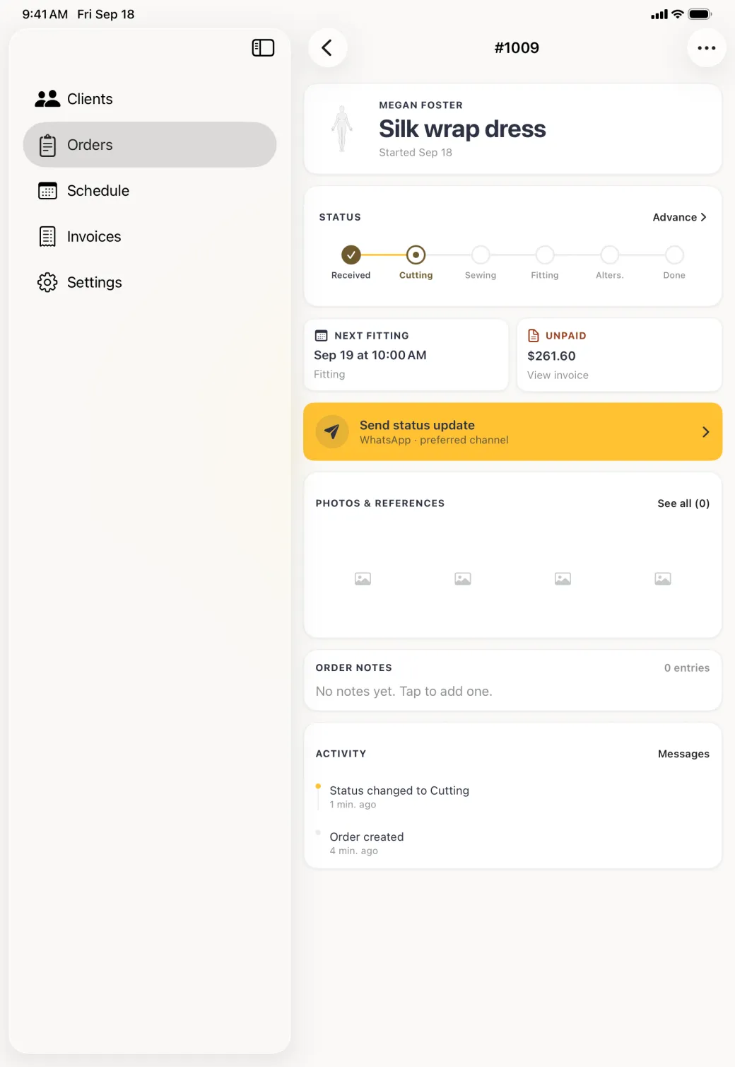 Order 1009 with the Next fitting card now reading Sep 19 at 10:00 AM above the word Fitting, the UNPAID card down to 261.60 after the payment, and the status track showing Received ticked and Cutting active.