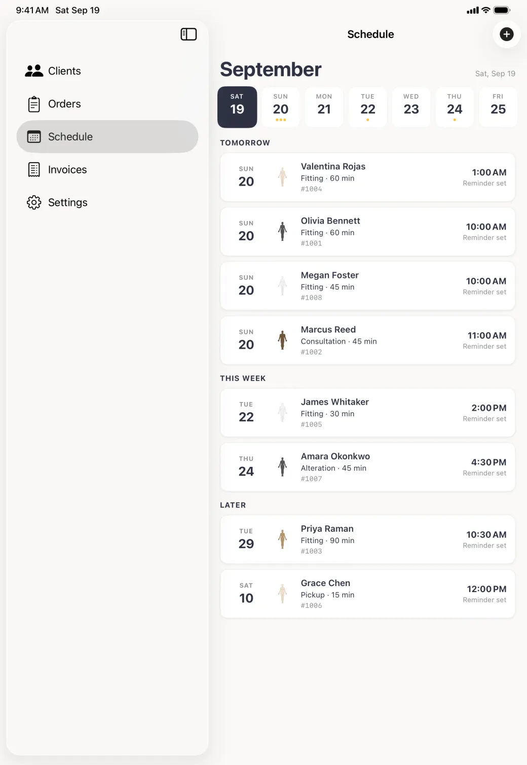 Schedule pane beside a sidebar listing Clients, Orders, Schedule, Invoices and Settings, headed September with a week strip of seven day pills, and appointments grouped in one column under Tomorrow, This Week and Later, with Megan Foster's forty-five minute fitting for her order at 10:00 AM under Tomorrow, led by her body figure in her skin tone and marked reminder set.
