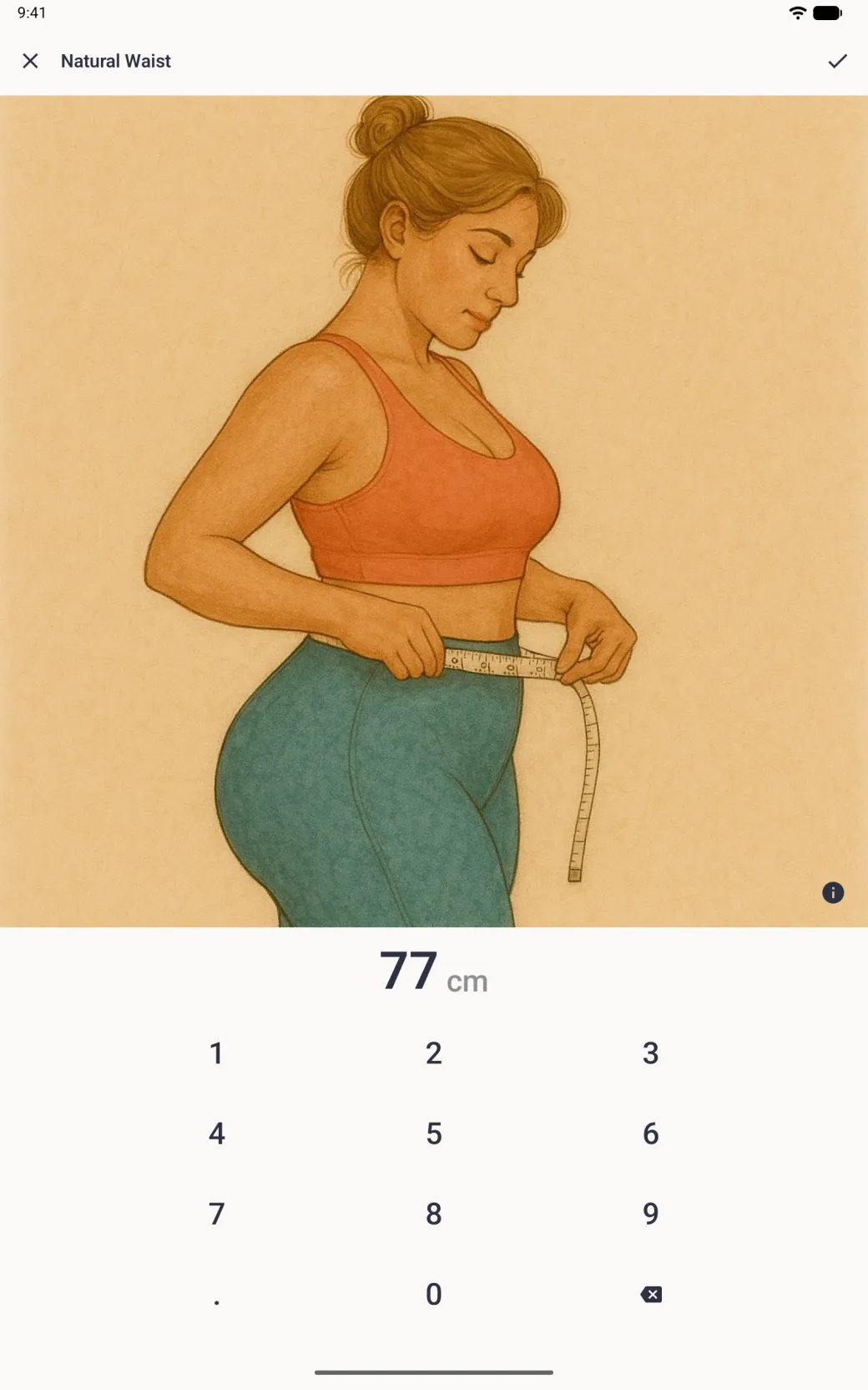 A Natural Waist entry screen with a full-width painted illustration of a woman measuring her waist with a tape, a small navy information button at the bottom right of the illustration, the value 77 cm below it and a number pad spanning the width of the screen.
