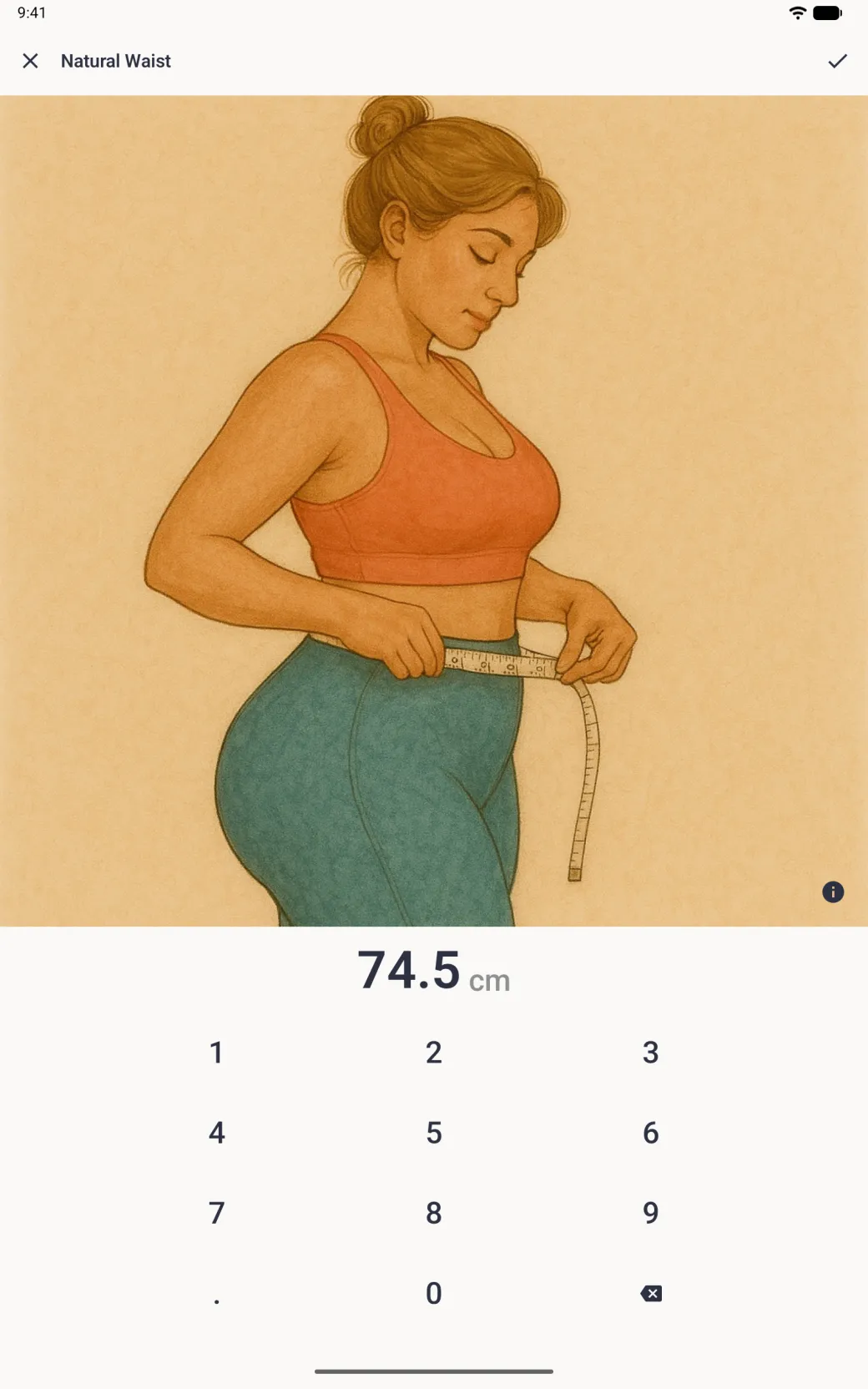 The Natural Waist entry screen with the painted waist illustration and the value 74.5 cm above the full-width number pad.