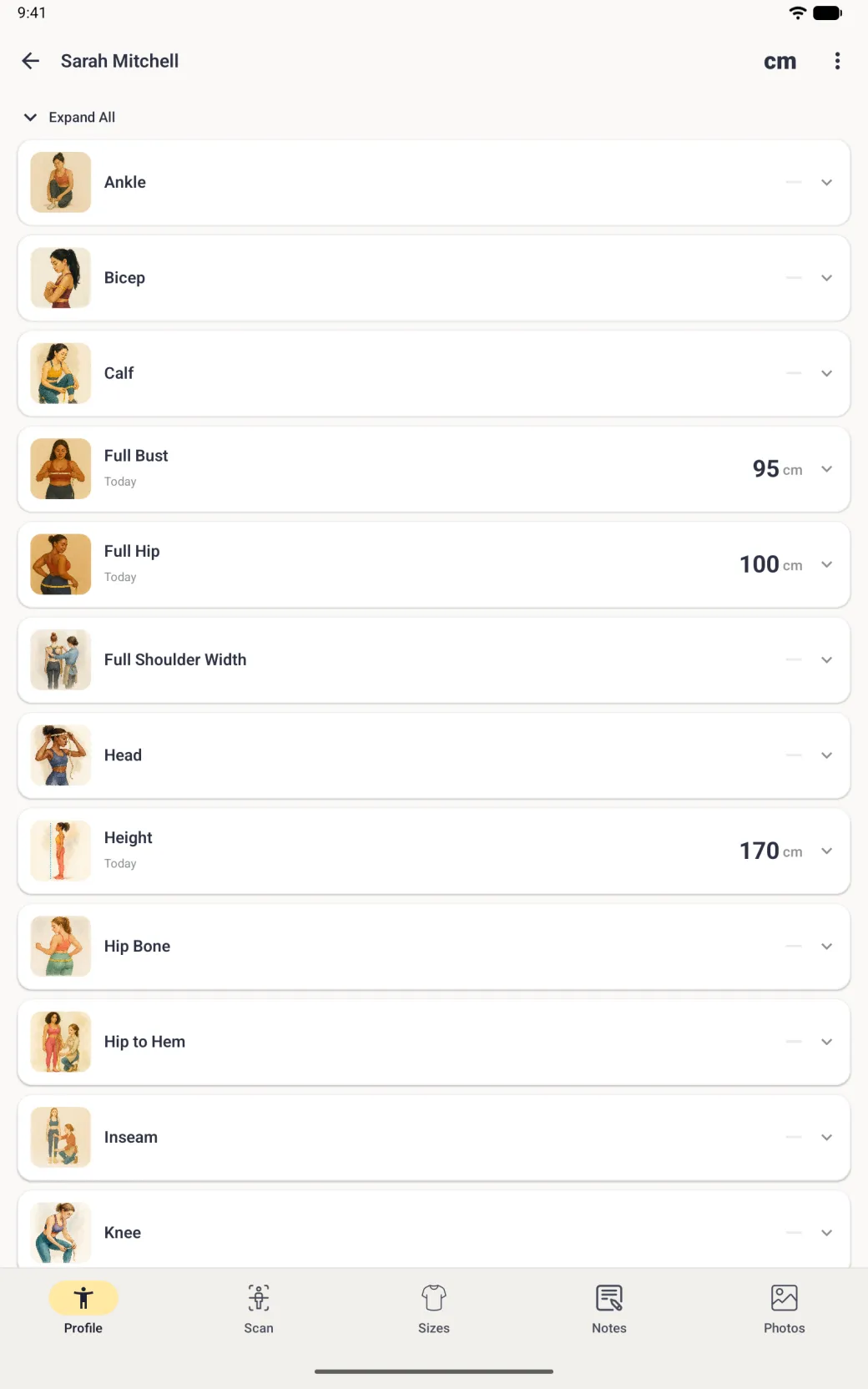 A List View of Sarah Mitchell's measurements filling the tablet under an Expand All control: cards from Ankle, Bicep and Calf through Full Bust 95 cm, Full Hip 100 cm, Full Shoulder Width, Head, Height 170 cm, Hip Bone, Hip to Hem and Inseam down to Knee, each with a small painted illustration, the word Today beside the values and a chevron.