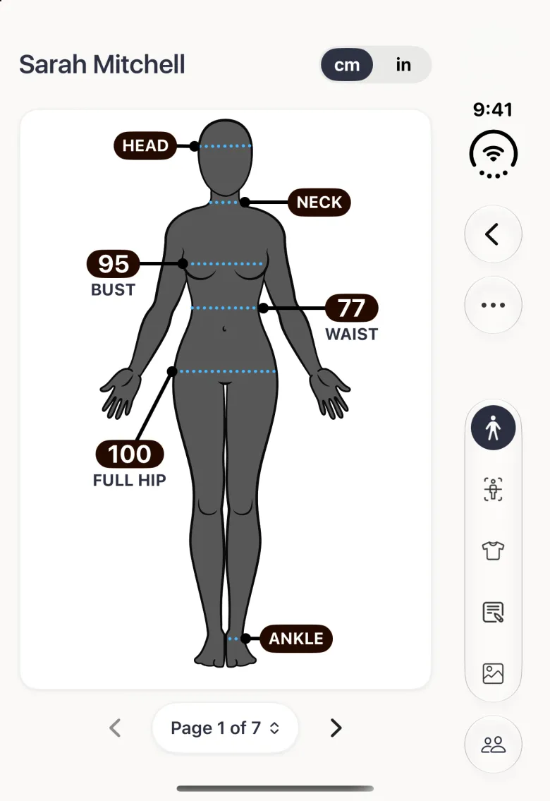 Sarah Mitchell's profile on the closed Duo with her name and a cm and in switch at the top, a front-facing female avatar with dark pill labels for Head, Neck and Ankle and value pills reading 95 for Bust, 77 for Waist and 100 for Full Hip, and a Page 1 of 7 control under it; the vertical bar strip on the right holds Back and a round more button near the top, a capsule of five section buttons with the body figure selected, and a round Clients button at its foot.