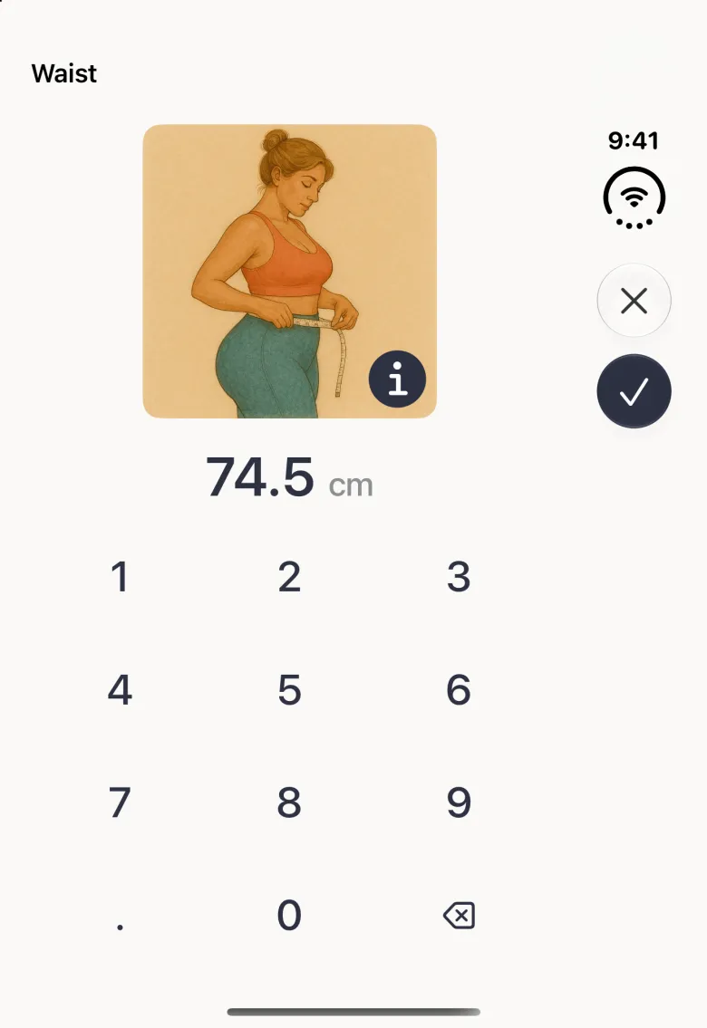 Waist entry screen on the closed Duo with the value 74.5 cm shown under the illustration and above the number pad, and the close button and navy checkmark stacked in the vertical bar strip on the right.