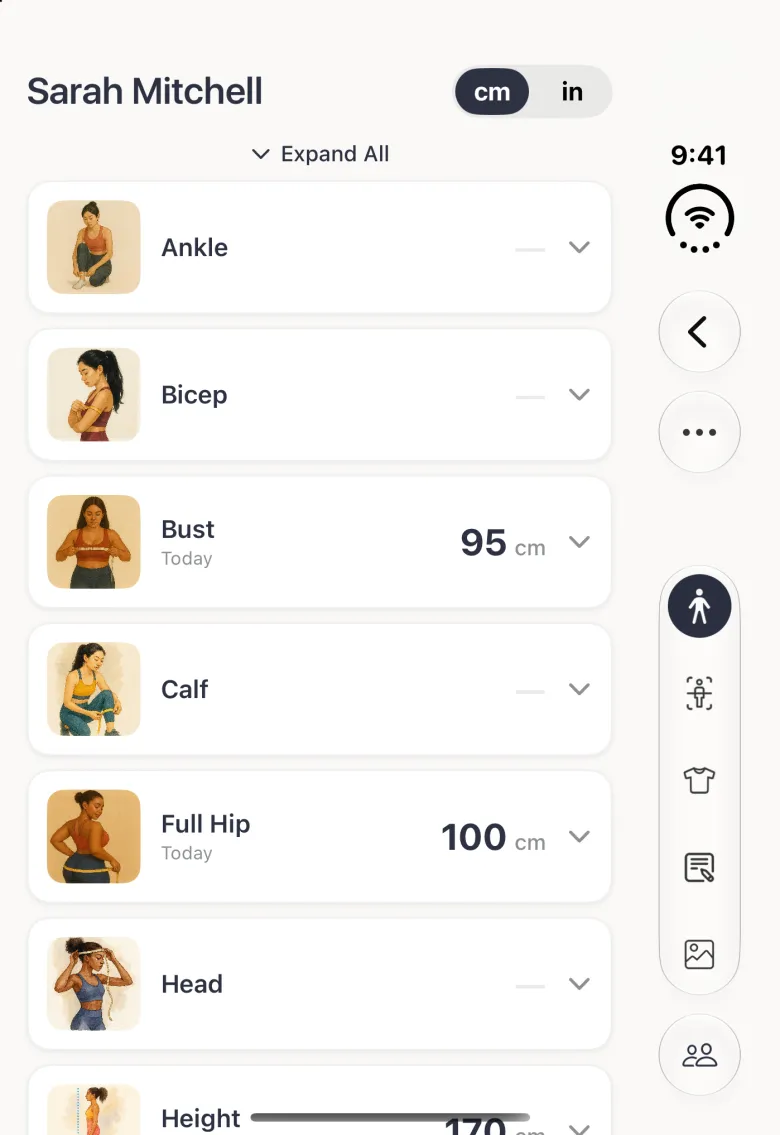 Sarah Mitchell's profile in List View on the closed Duo: an Expand All link above measurement cards, each with a small painted illustration and the measurement name; Bust 95 cm and Full Hip 100 cm show the date Today and their value, Ankle, Bicep, Calf and Head a dash, each with a chevron. The cm and in switch sits beside the name, and Back, the more button, the five section buttons and the Clients button are in the vertical bar strip on the right.