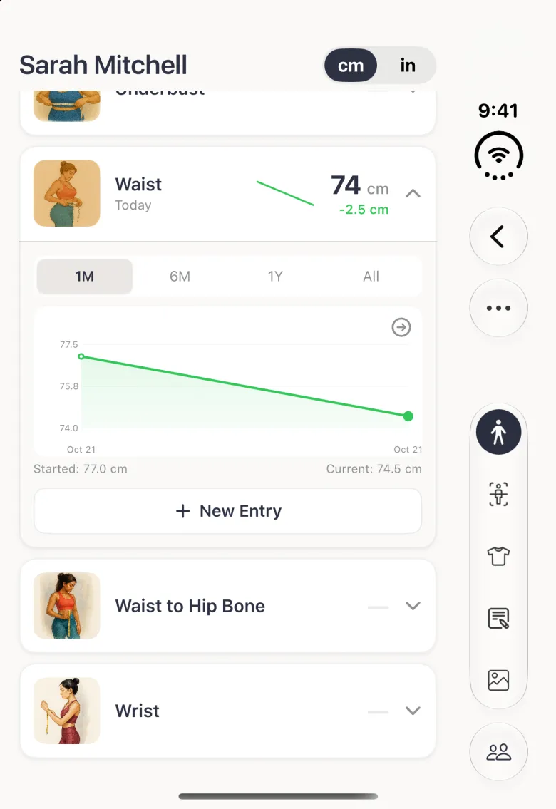 An expanded Waist card in List View on the closed Duo, showing the value 74 cm with a green minus 2.5 cm change, 1M, 6M, 1Y and All range buttons above a green line chart with a circled arrow at its top right, Started 77.0 cm on the left and Current 74.5 cm on the right, and a New Entry button underneath, above the Waist to Hip Bone and Wrist rows; the profile buttons stay in the vertical bar strip on the right.
