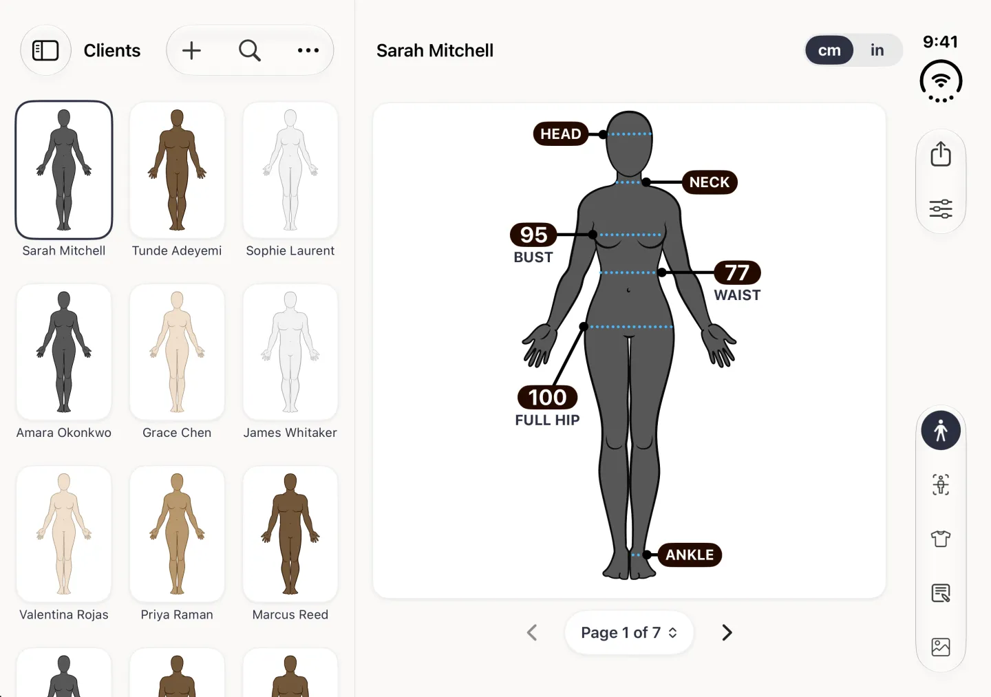 The client list beside Sarah Mitchell's measurements on an open iPhone Duo.