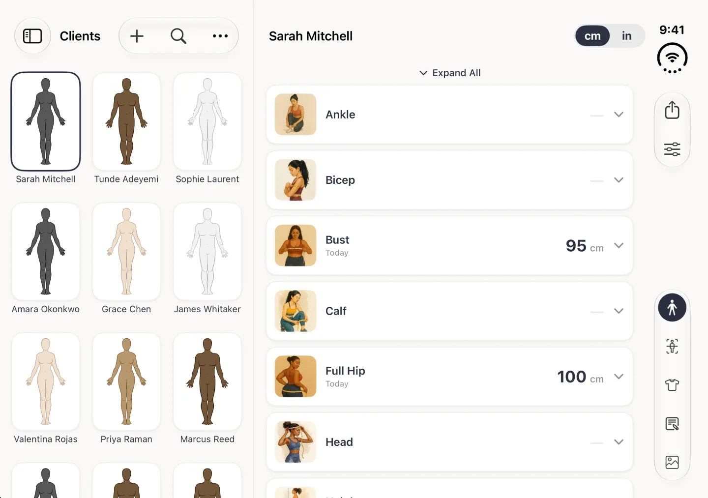 Sarah Mitchell's profile in List View on the right of the split view: an Expand All link above wide measurement cards, each with a small painted illustration and the measurement name; Bust 95 cm and Full Hip 100 cm show the date Today and their value, Ankle, Bicep, Calf and Head a dash, each with a chevron. The cm and in switch sits beside the name, and share, options and the five section buttons are in the vertical bar strip on the right edge.