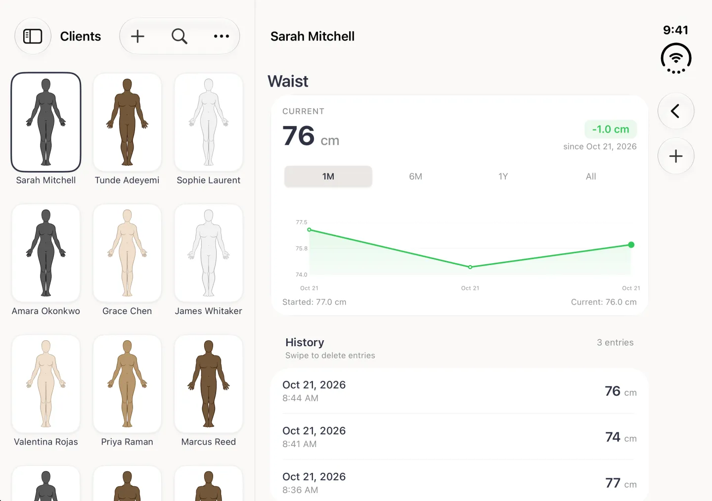 The Waist history page on the right of the split view after a third entry: a Current card reading 76 cm with a green minus 1.0 cm badge, a three point line chart with Started 77.0 cm and Current 76.0 cm, and a History list of three dated entries reading 76, 74 and 77 cm.