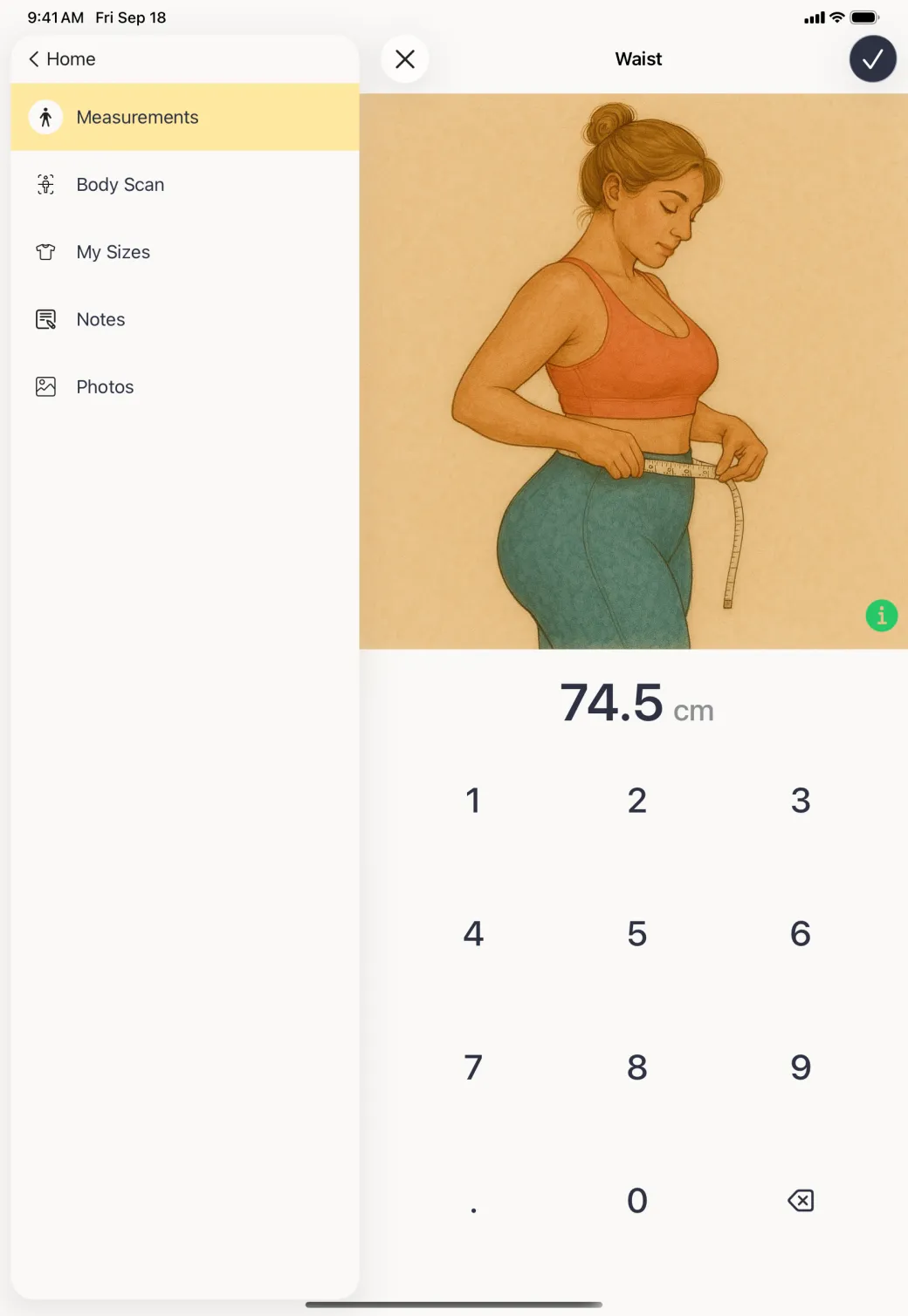 The Waist entry screen with the value 74.5 cm shown between the illustration and the number pad.